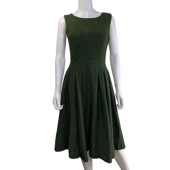 Modcloth x Collectif Dress Size XS US 4 UK8 Herringbone Fit Flare Green Pockets - Picture 1 of 10